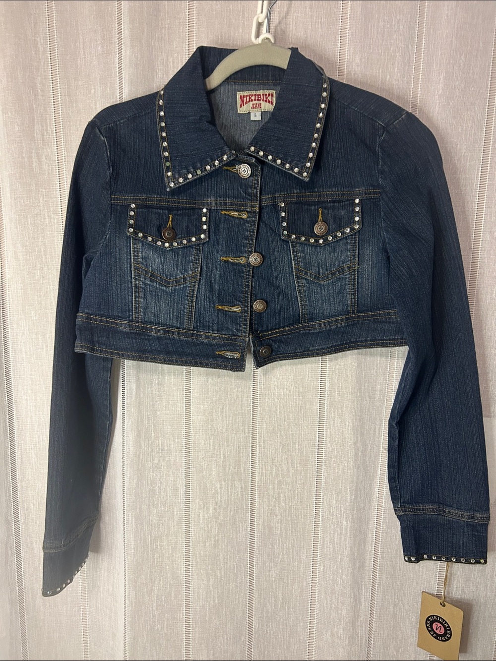 Nikibiki Dark Blue Studded Cropped Denim Jacket